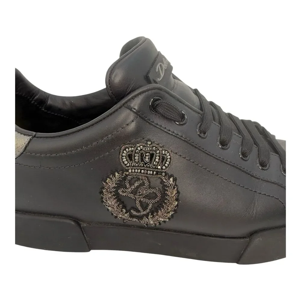 Dolce & Gabbana Black Leather Portofino Crown Patch Sneakers US 7 Eu 40